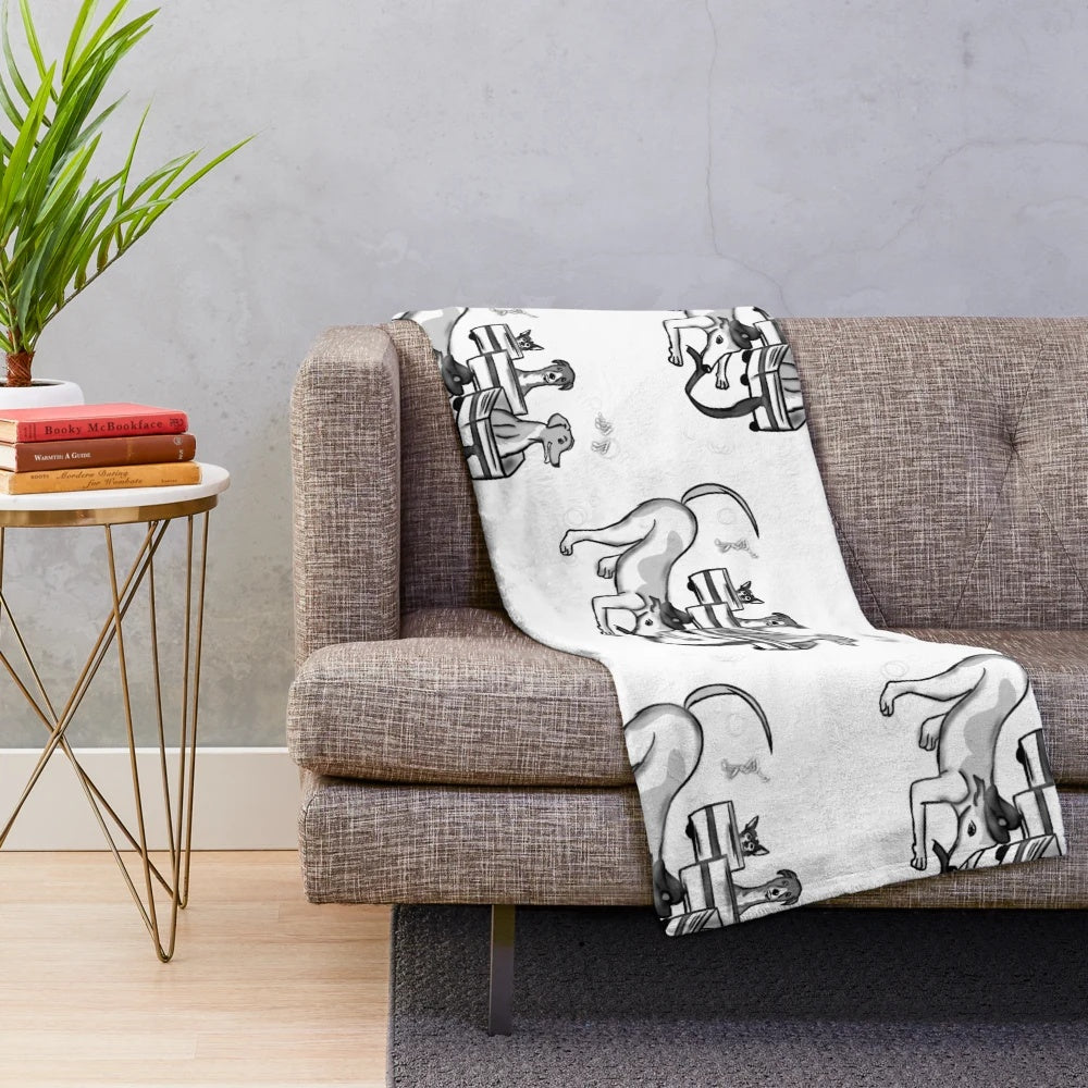 Inktober-themed black and white plush blanket featuring a dog or puppy design