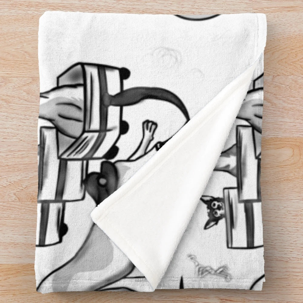 Inktober-themed black and white plush blanket featuring a dog or puppy design