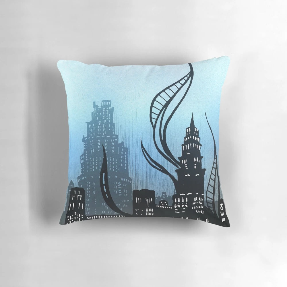 Inktober-inspired pillow featuring the city of Amaurot from Final Fantasy XIV: Shadowbringers