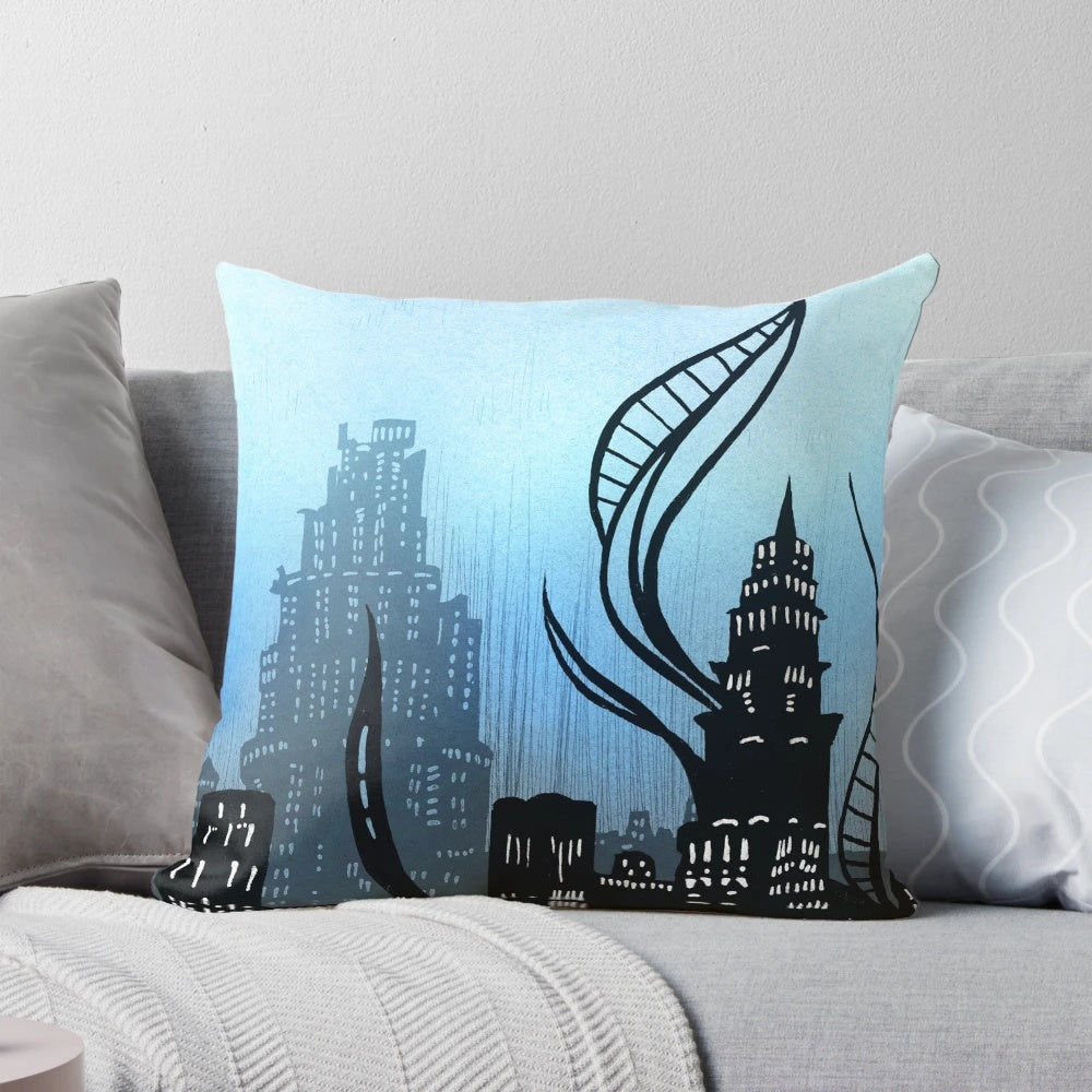 Inktober-inspired pillow featuring the city of Amaurot from Final Fantasy XIV: Shadowbringers
