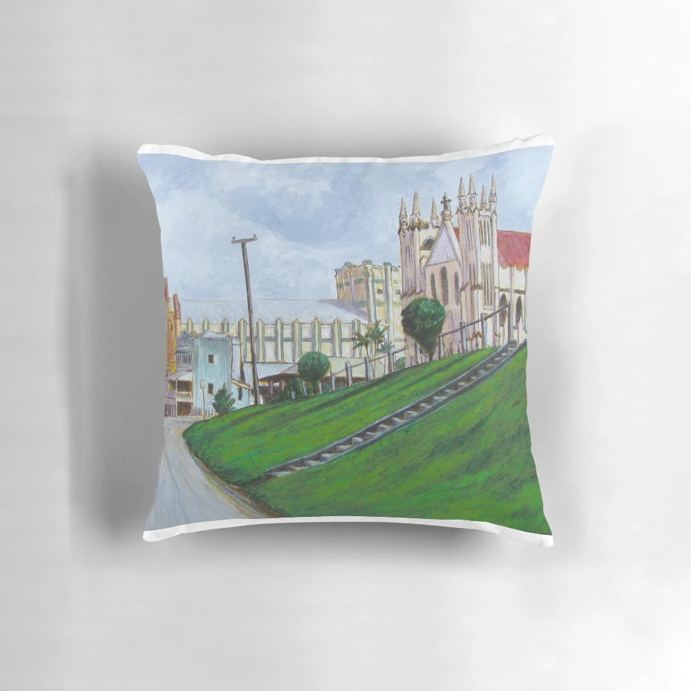 Vibrant Innisfail landscape photograph printed on a high-quality pillow, featuring clouds, light, and trees.