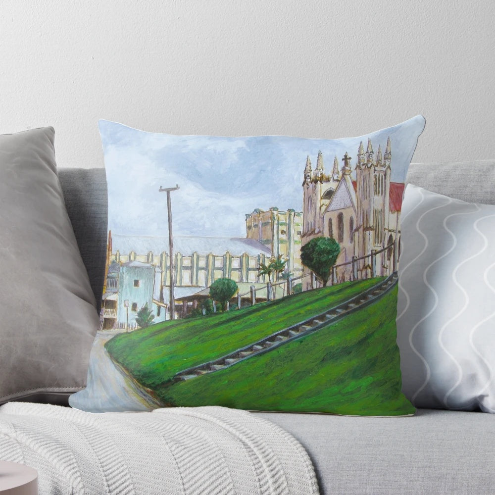 Vibrant Innisfail landscape photograph printed on a high-quality pillow, featuring clouds, light, and trees.