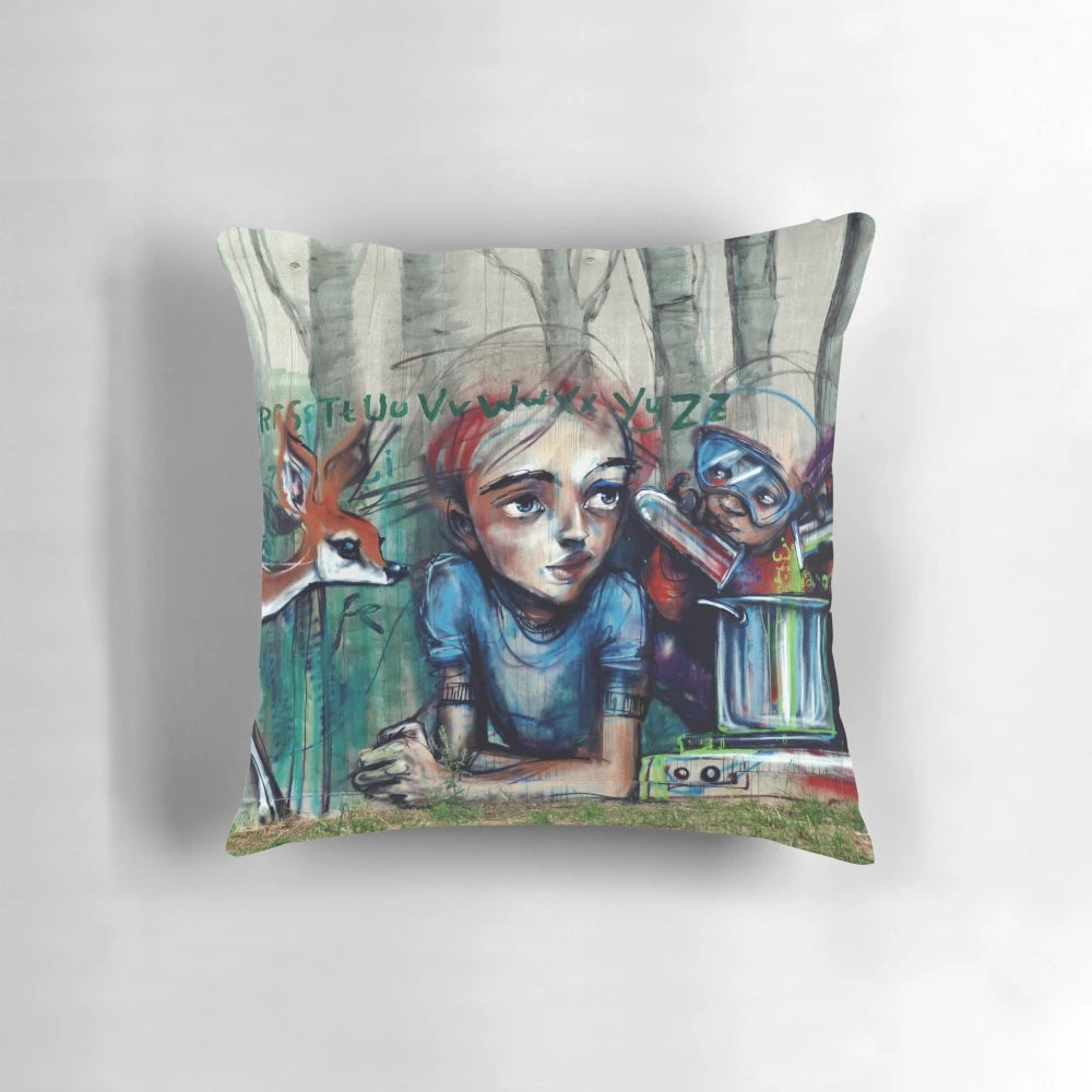 Colorful and whimsical "Laboratory of Thoughts" pillow featuring graffiti-inspired artwork