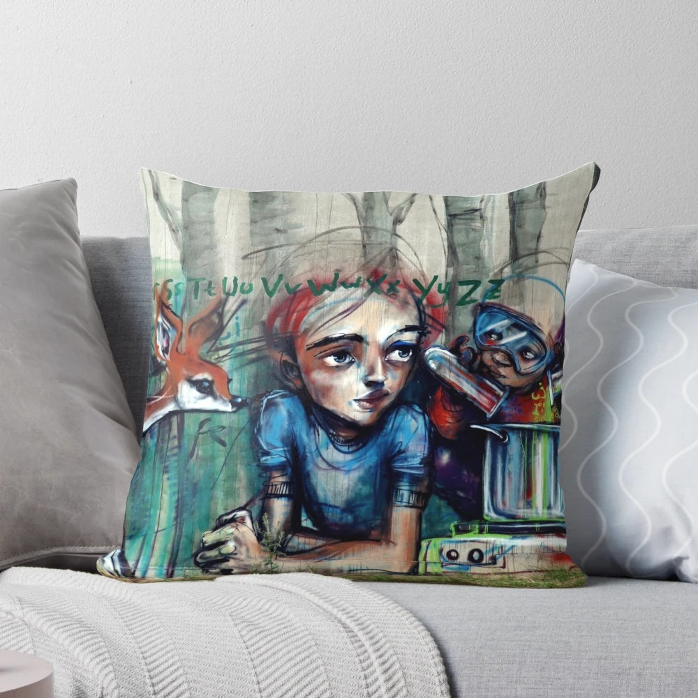 Colorful and whimsical "Laboratory of Thoughts" pillow featuring graffiti-inspired artwork
