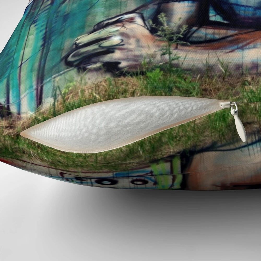 Colorful and whimsical "Laboratory of Thoughts" pillow featuring graffiti-inspired artwork