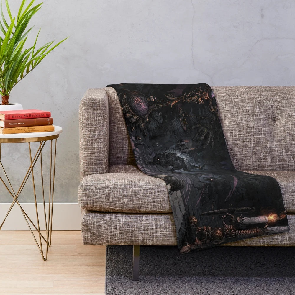 Inscryption-inspired plush blanket featuring dark fantasy game art and Leshy character