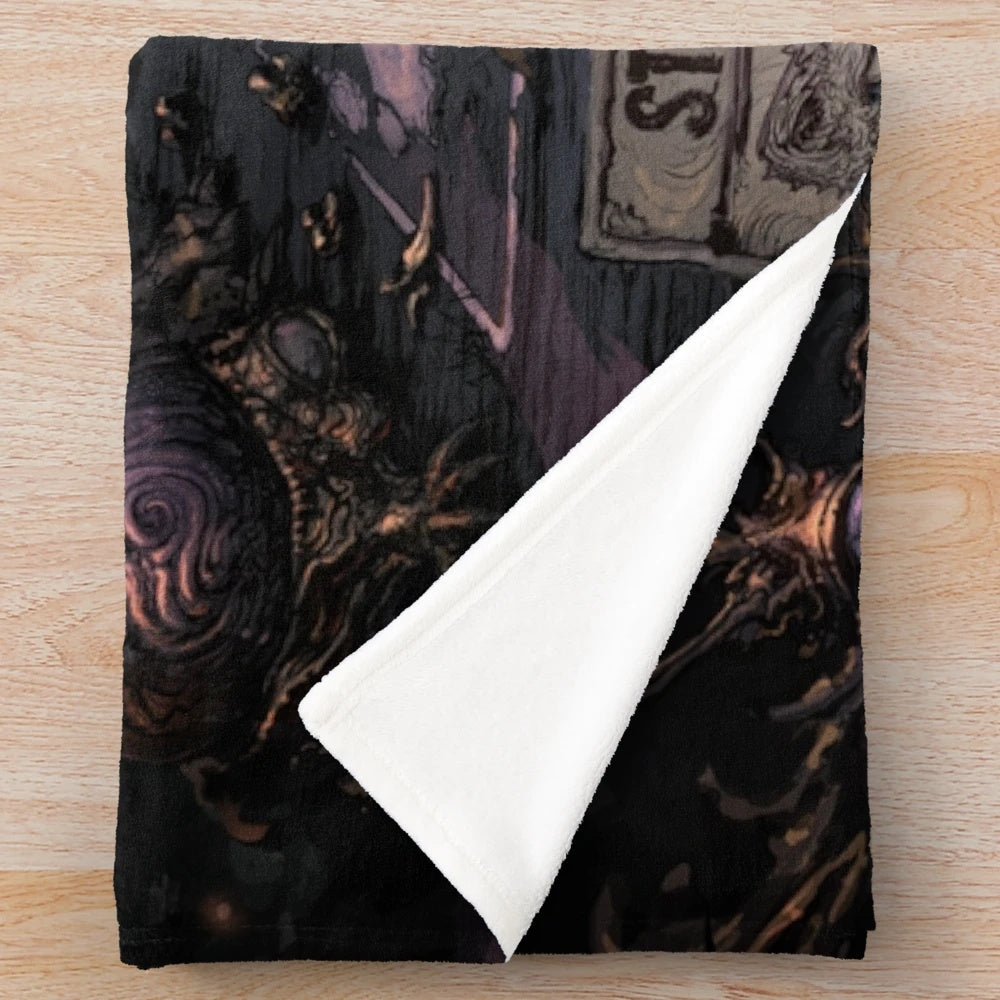 Inscryption-inspired plush blanket featuring dark fantasy game art and Leshy character