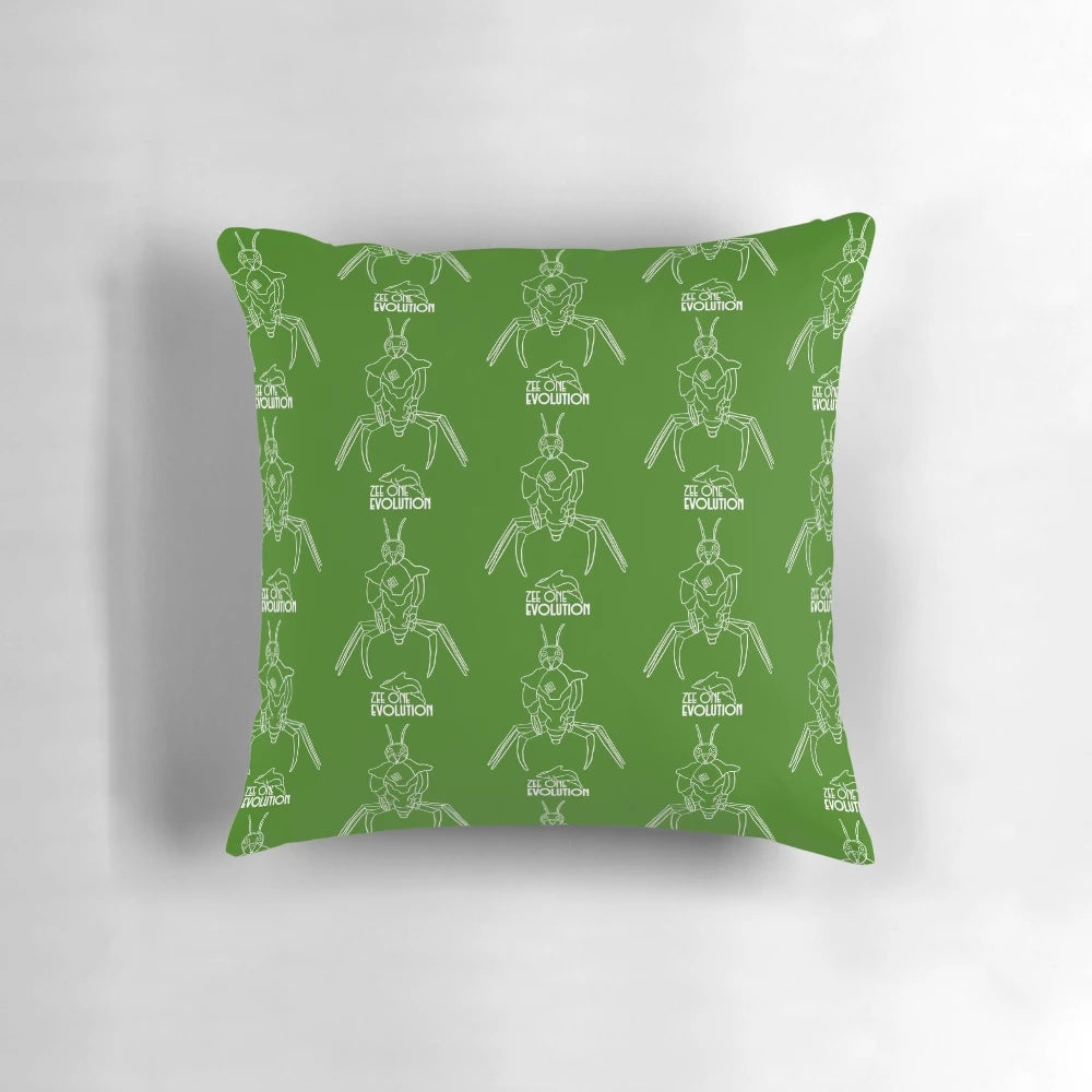 A vibrant, hand-drawn pillow design featuring whimsical insect characters in a playful, outer space-inspired scene.