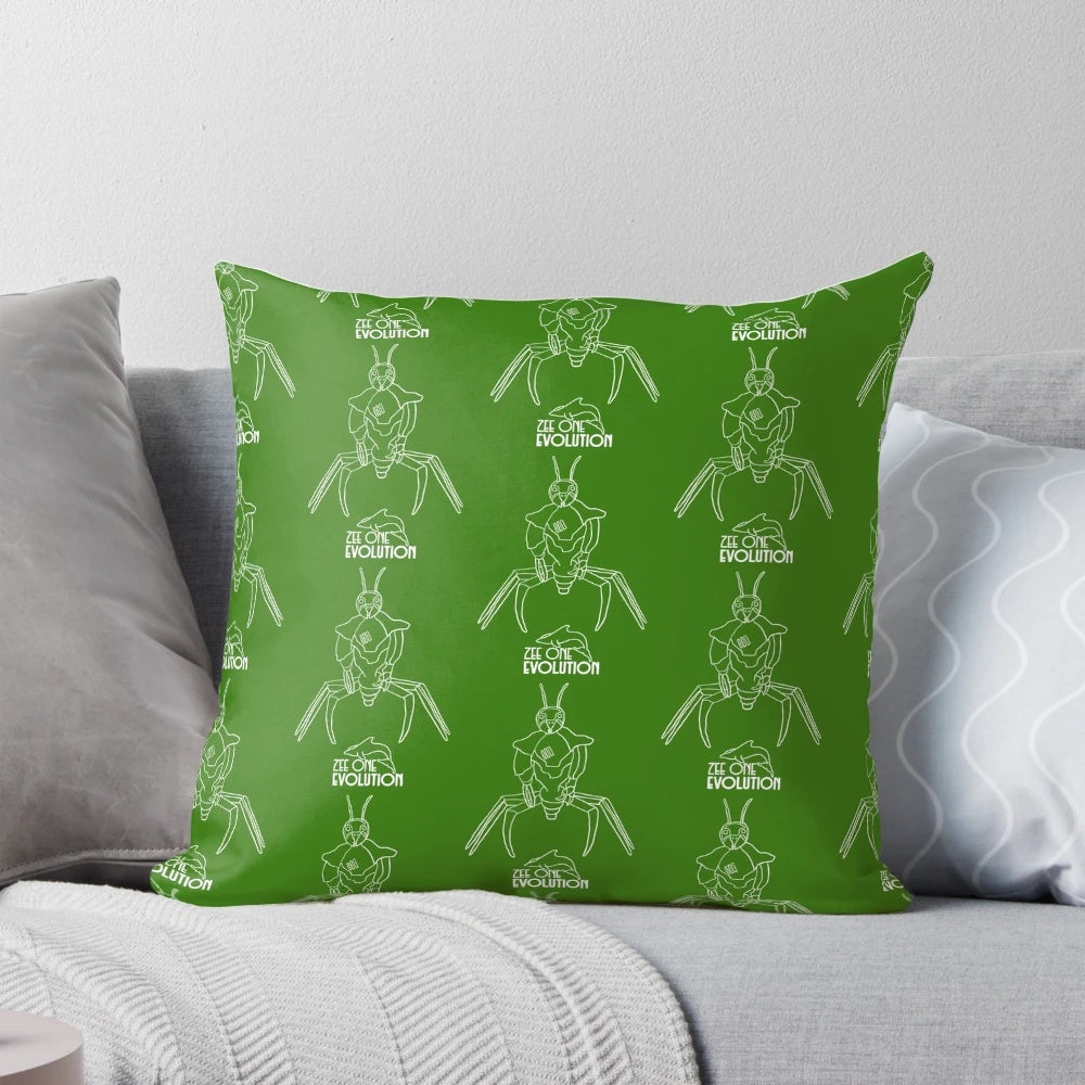 A vibrant, hand-drawn pillow design featuring whimsical insect characters in a playful, outer space-inspired scene.
