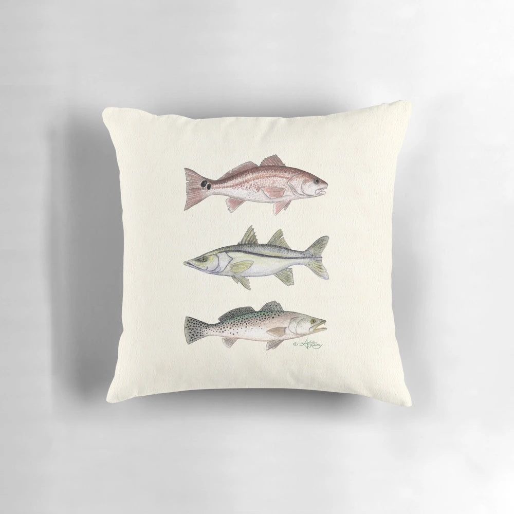Watercolor painting of redfish, snook, and spotted seatrout, showcasing the "inshore slam" of popular coastal sport fish.