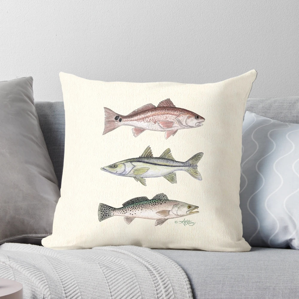 Watercolor painting of redfish, snook, and spotted seatrout, showcasing the "inshore slam" of popular coastal sport fish.