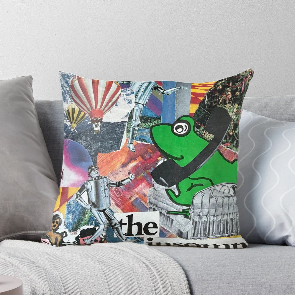Colorful collage pillow with frogs, tin man, rubber duck, and other whimsical elements for insomniac decor