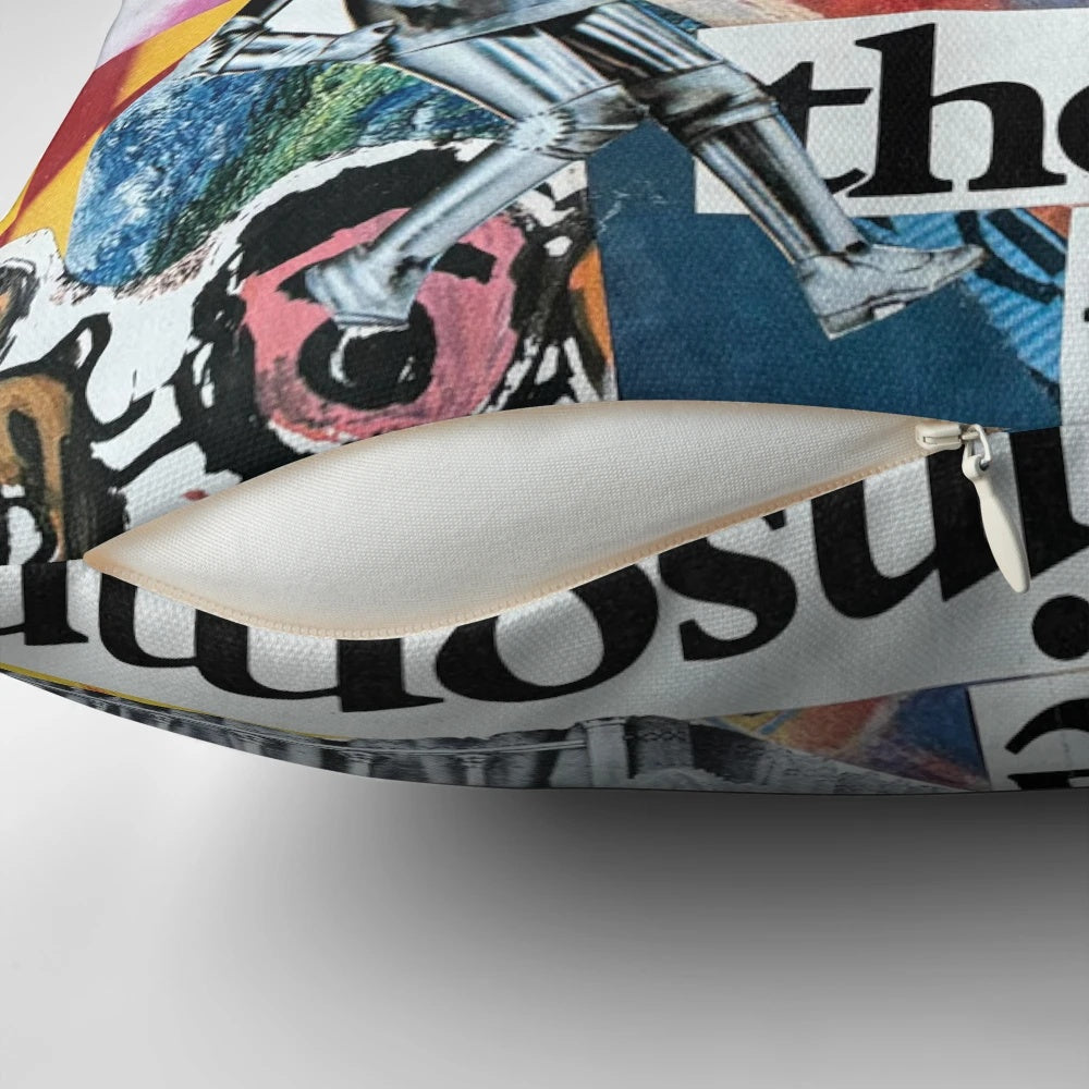 Colorful collage pillow with frogs, tin man, rubber duck, and other whimsical elements for insomniac decor