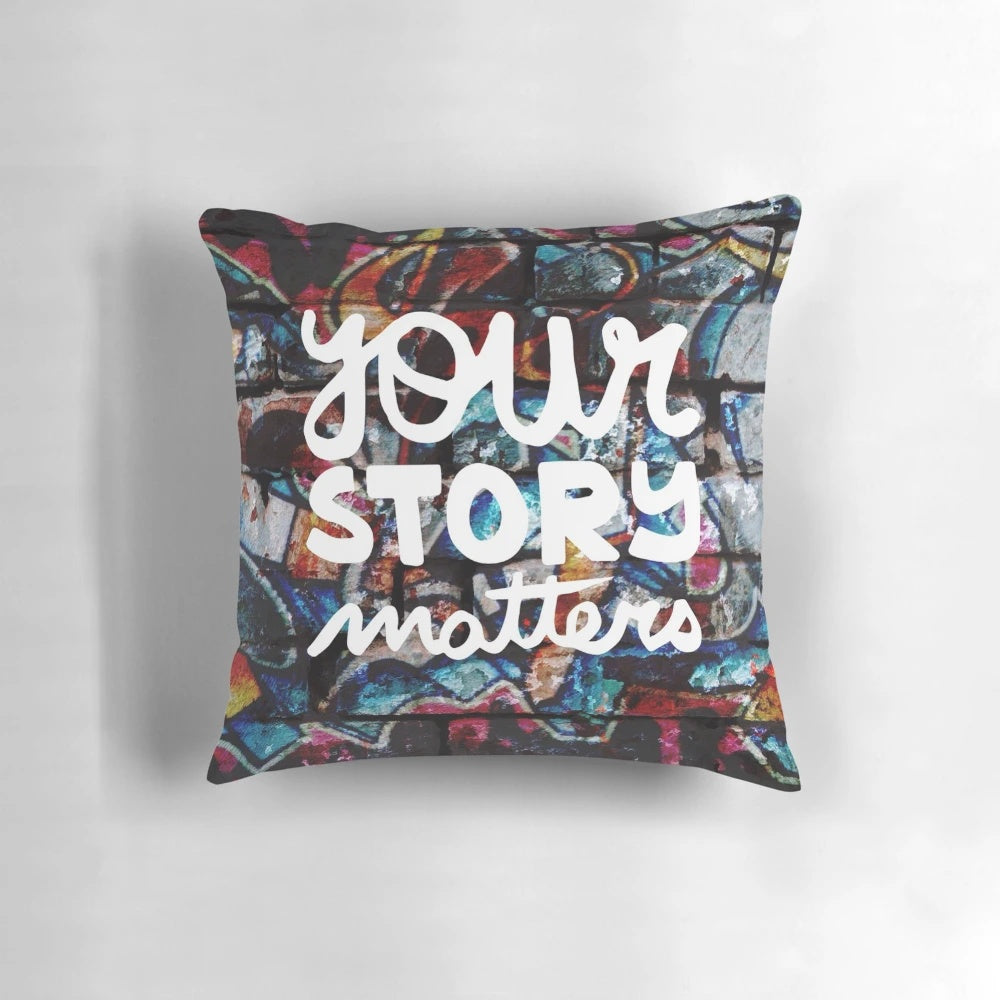 Colorful 1980s-inspired grunge hip hop graffiti pillow with motivational and empowering graphics
