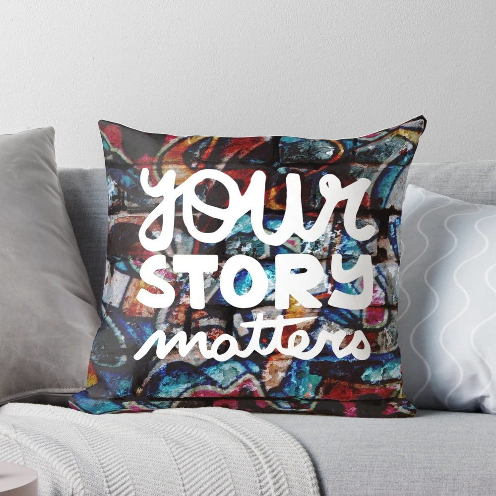 Colorful 1980s-inspired grunge hip hop graffiti pillow with motivational and empowering graphics