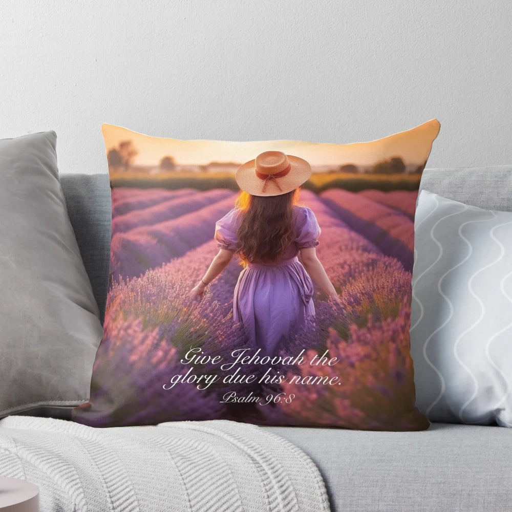 2025 year text pillow with girl and lavender field design