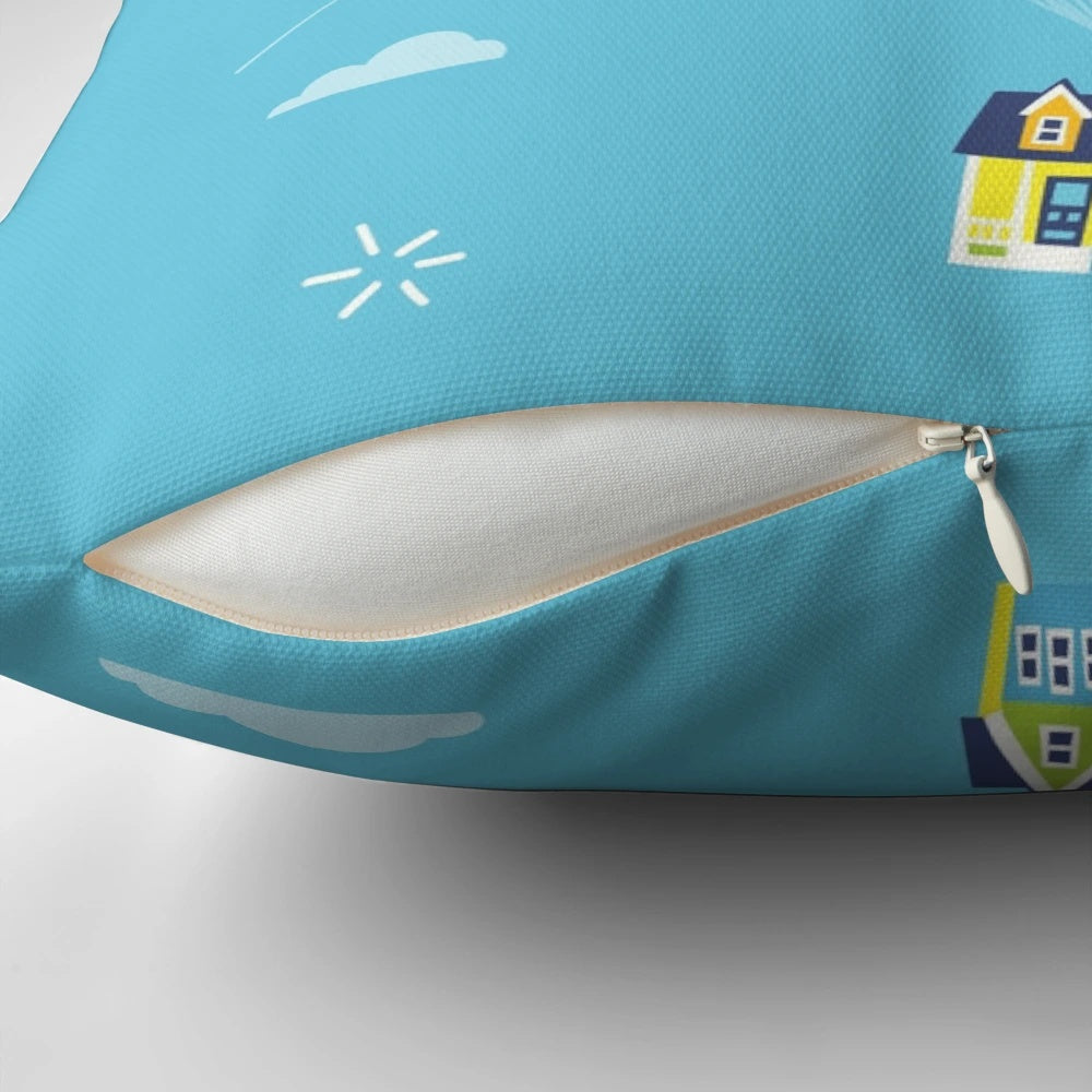 Decorative throw pillow with "Adventure is Out There" quote, perfect for travel-themed home decor