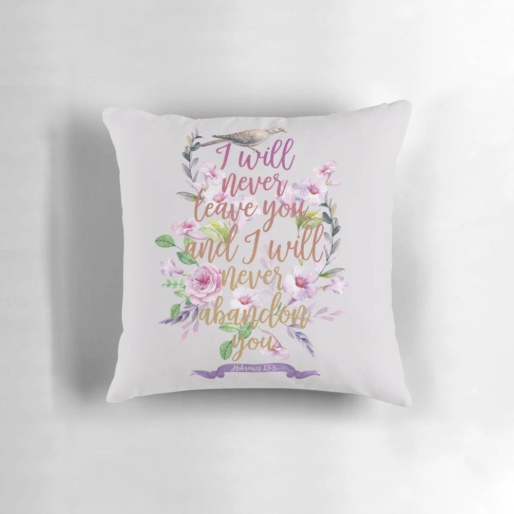 Decorative throw pillow with Hebrews 13:5 bible verse