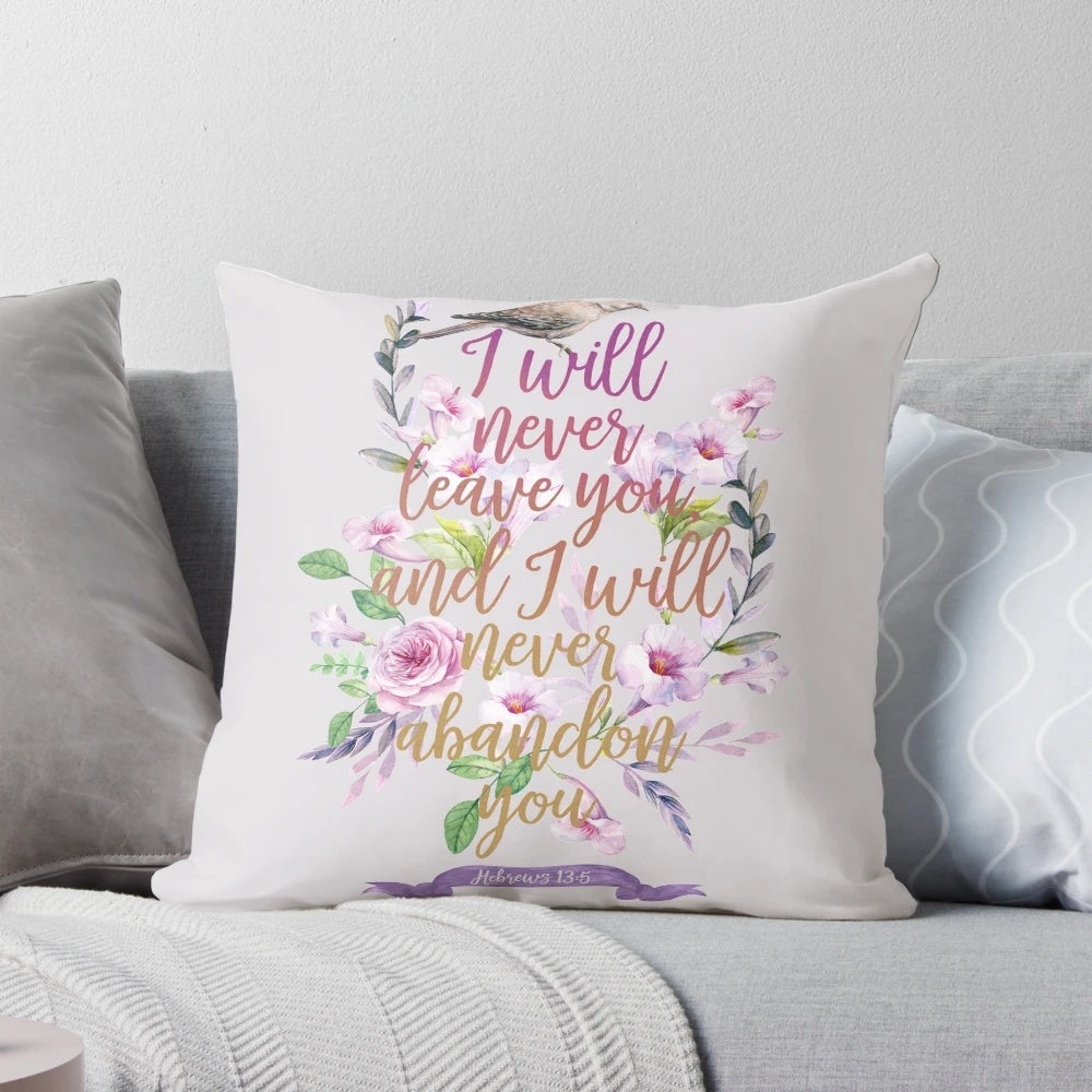 Decorative throw pillow with Hebrews 13:5 bible verse