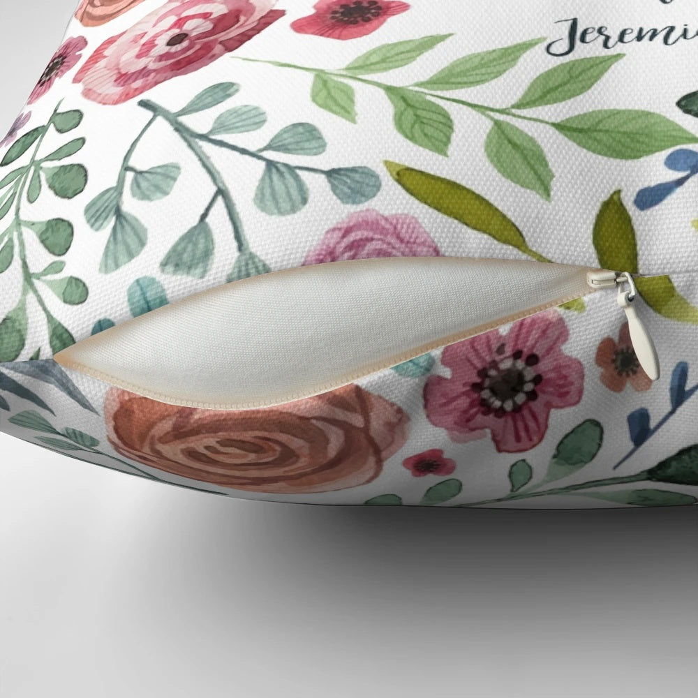Decorative throw pillow featuring the bible verse "For I know the plans I have for you," declares the Lord, "plans to prosper you and not to harm you, plans to give you hope and a future." - Jeremiah 29:11