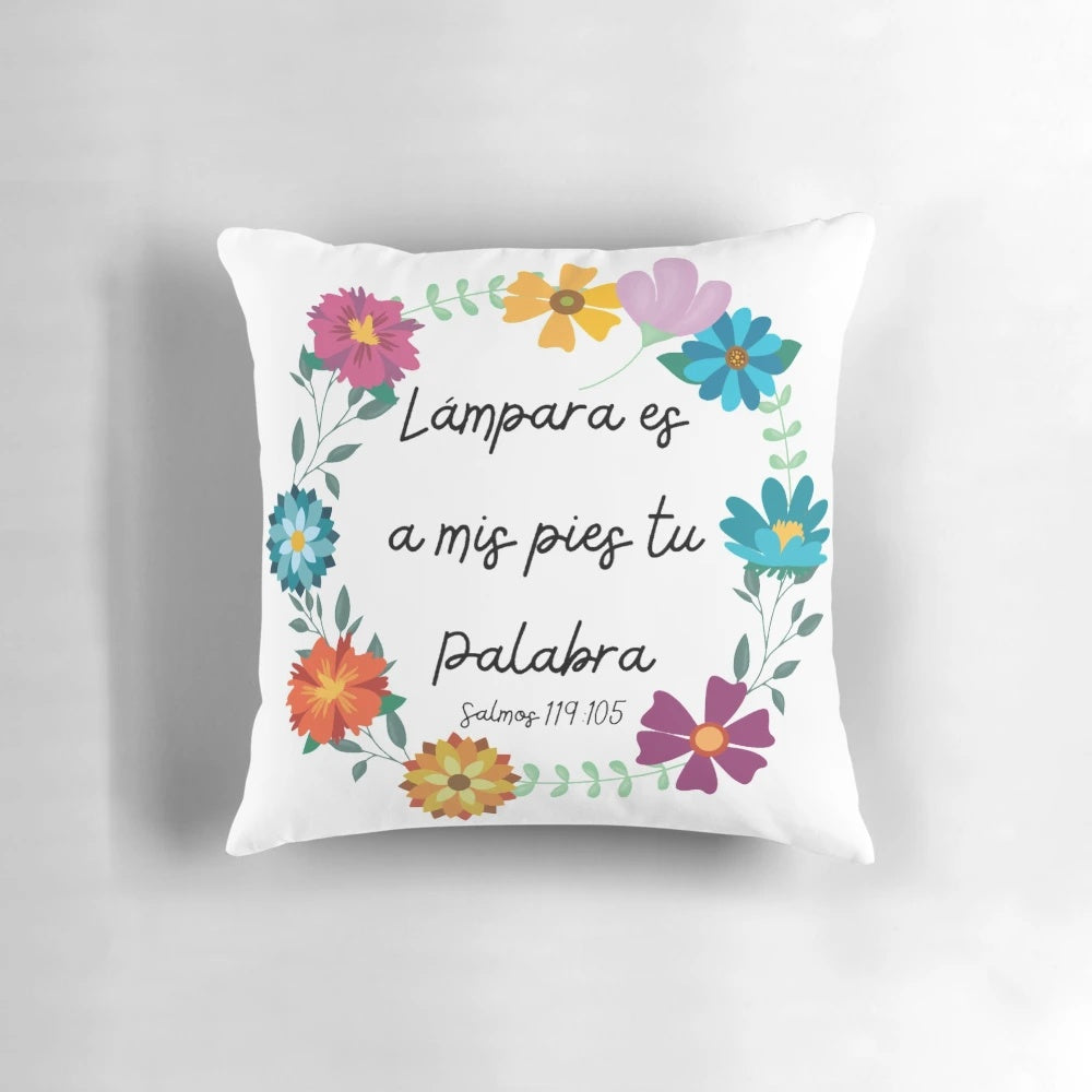 Decorative pillow featuring the Bible verse "Your word is a lamp to my feet" from Psalm 119:105