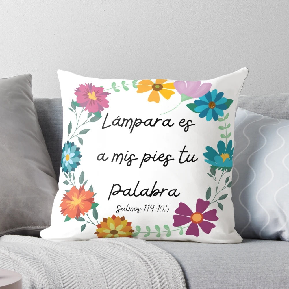 Decorative pillow featuring the Bible verse "Your word is a lamp to my feet" from Psalm 119:105