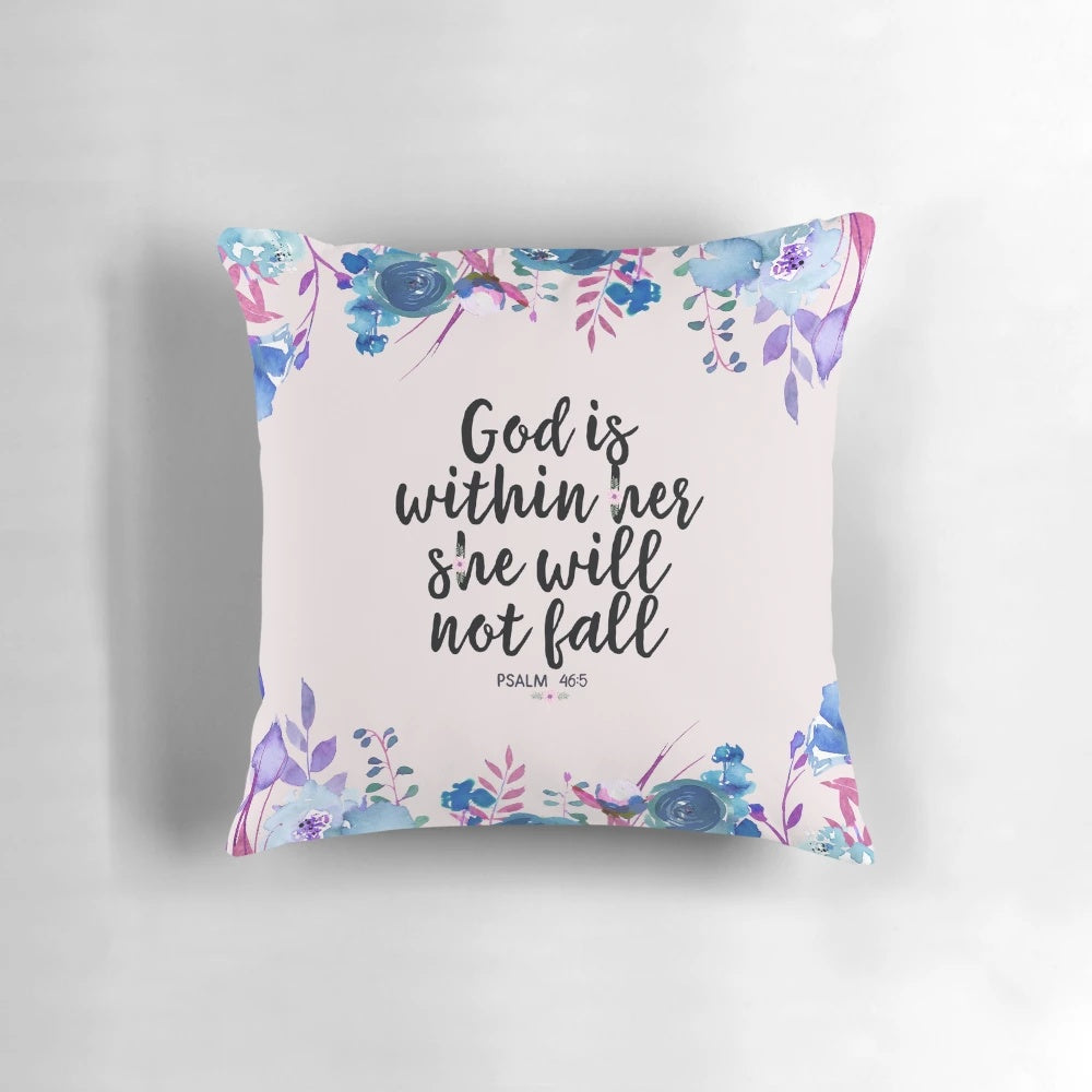 Decorative throw pillow featuring a Christian Bible verse quote and watercolor floral design