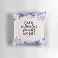 Decorative throw pillow featuring a Christian Bible verse quote and watercolor floral design