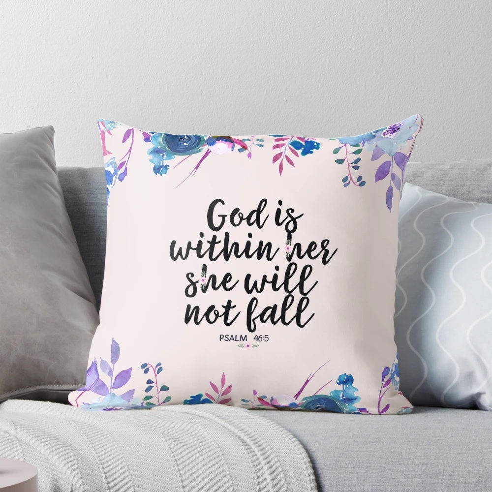 Decorative throw pillow featuring a Christian Bible verse quote and watercolor floral design