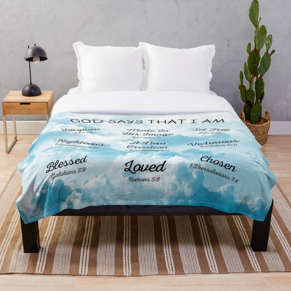 Plush inspirational Christian blanket with Bible verse "God says that I am