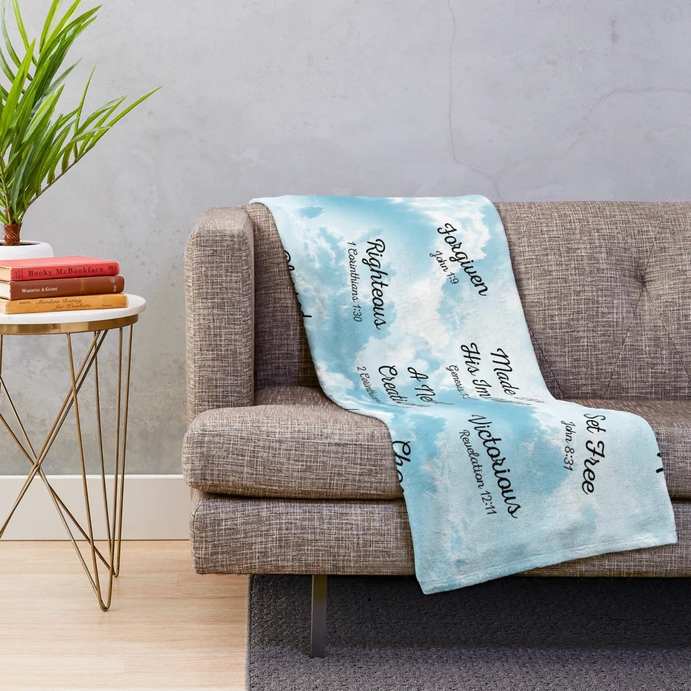 Plush inspirational Christian blanket with Bible verse "God says that I am
