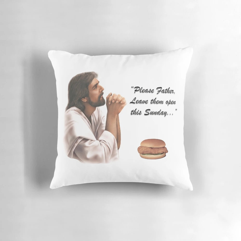 Soft, plush pillow featuring an image of Jesus with the Chick-fil-A logo