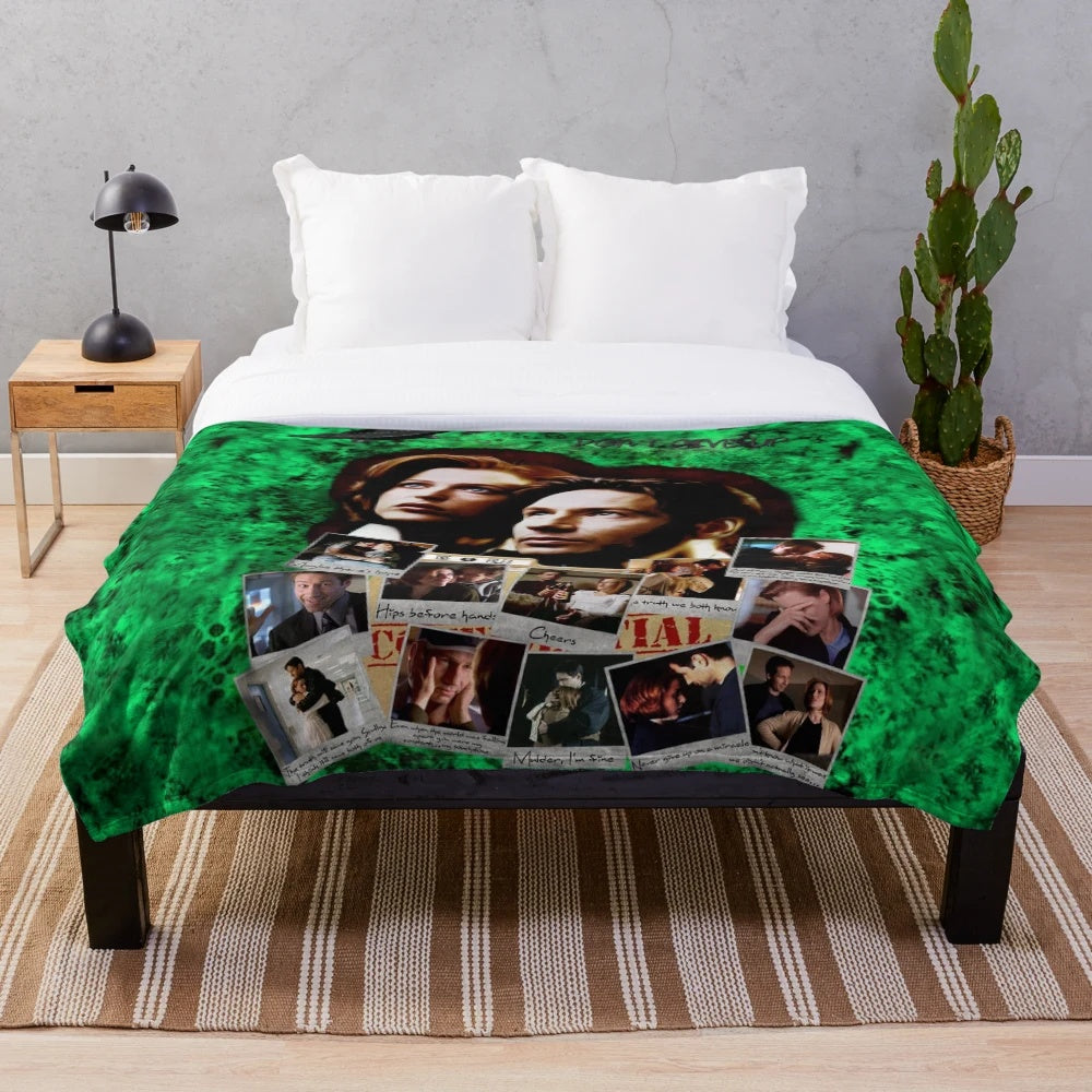 Inspirational "Don't Give Up" plush blanket featuring X-Files characters Mulder and Scully