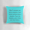 A decorative throw pillow featuring a dragon and motivational feminist quote