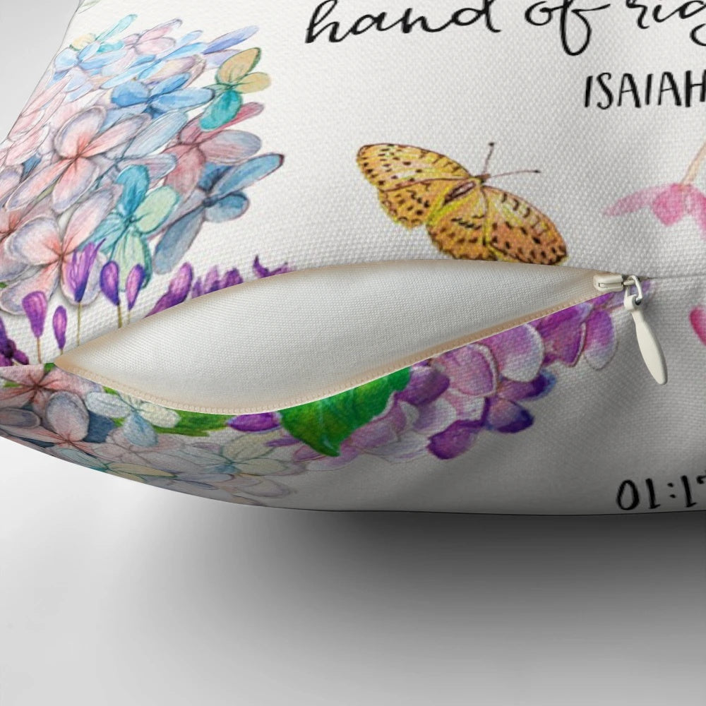 Decorative throw pillow featuring the Bible verse Isaiah 41:10 surrounded by a design of flowers and butterflies