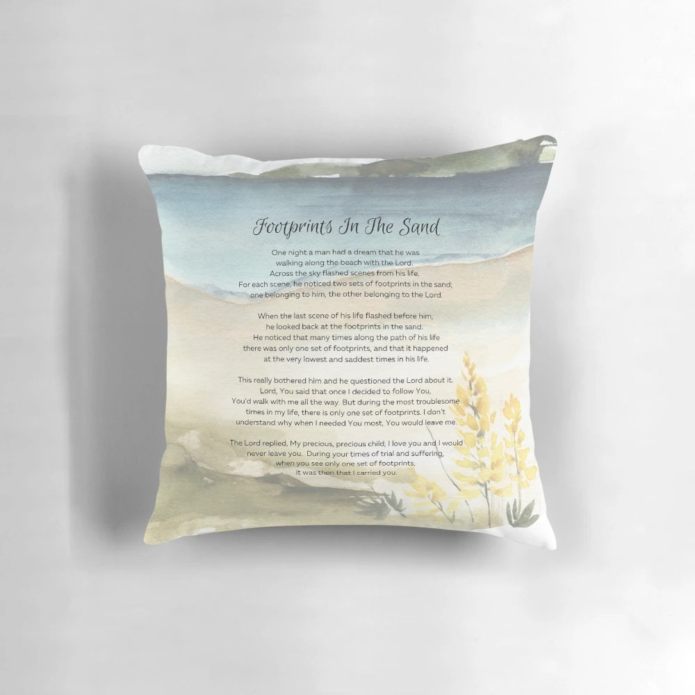 Watercolor painting of ocean waves with footprints in the sand, featuring an inspirational Christian poem
