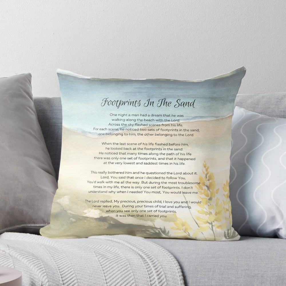 Watercolor painting of ocean waves with footprints in the sand, featuring an inspirational Christian poem