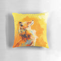Colorful illustration of a happy, vibrant fox in a forest setting, printed on a soft, cozy pillow for inspirational home decor.