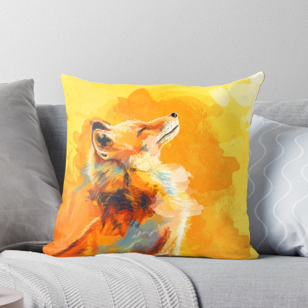 Colorful illustration of a happy, vibrant fox in a forest setting, printed on a soft, cozy pillow for inspirational home decor.