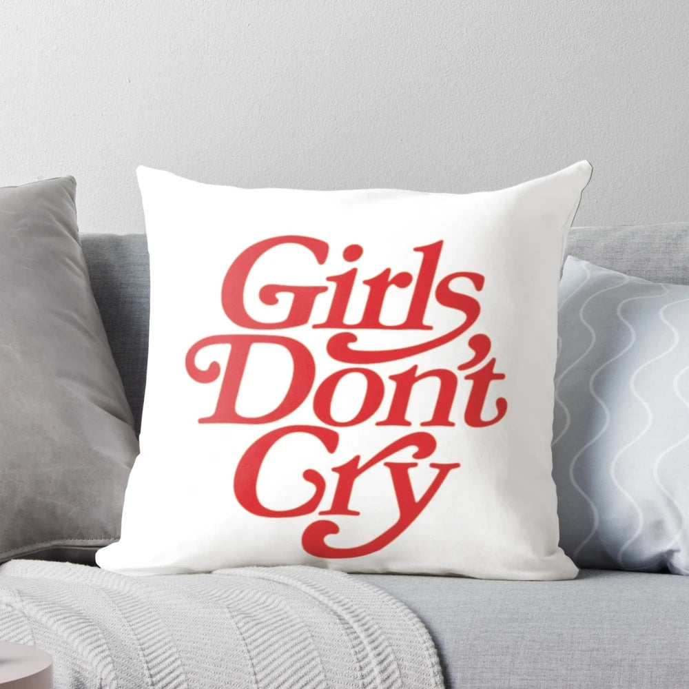 Inspirational "Girls Don't Cry" decorative pillow with modern typography and red vintage design