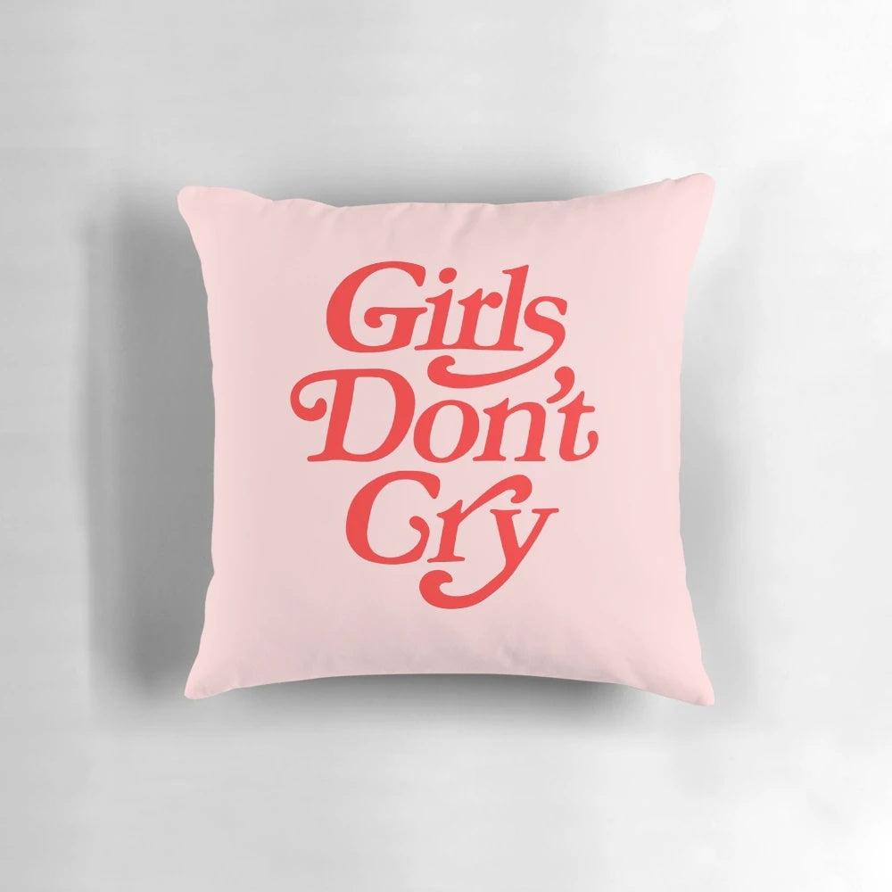 "Girls Don't Cry inspirational pillow with abstract typography and art design"