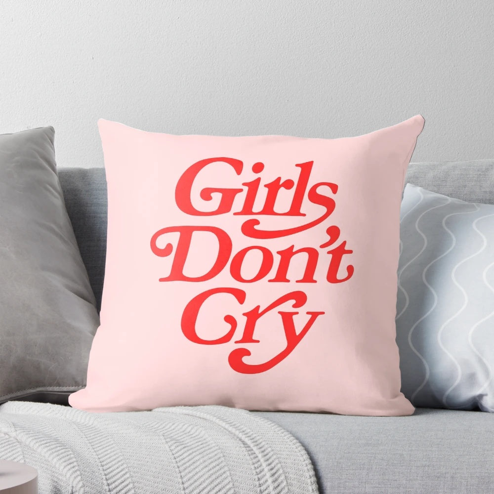 "Girls Don't Cry inspirational pillow with abstract typography and art design"