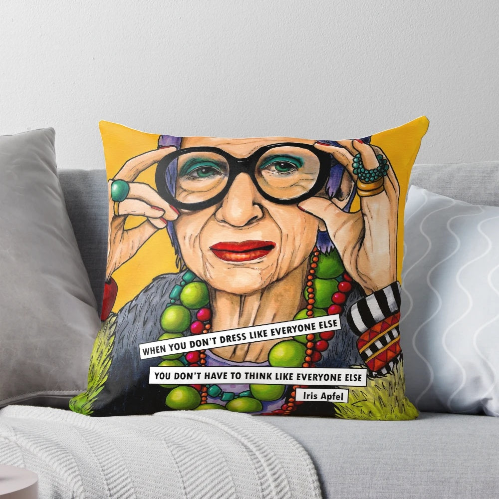Decorative throw pillow featuring a portrait of style icon Iris Apfel