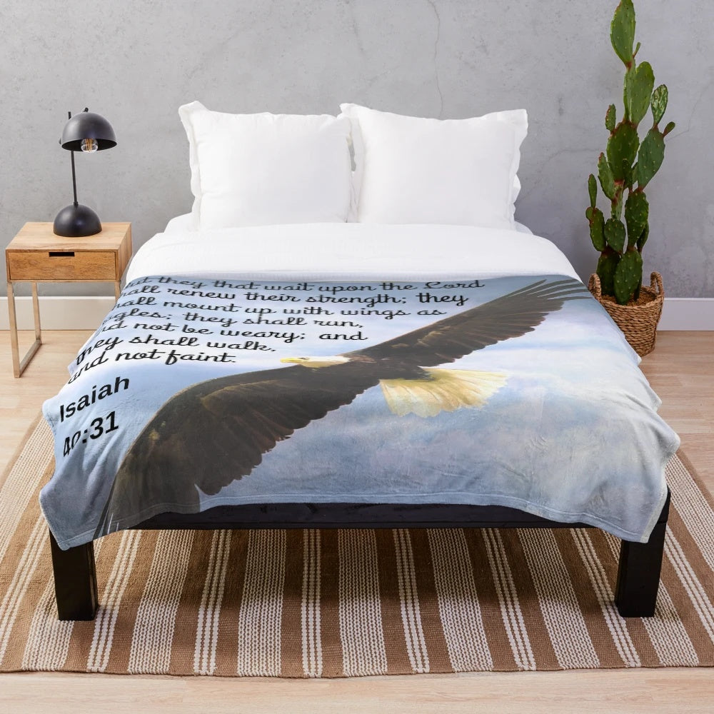 Plush blanket with Isaiah 40:31 bible verse and eagle wings design