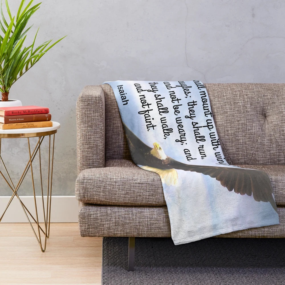 Plush blanket with Isaiah 40:31 bible verse and eagle wings design