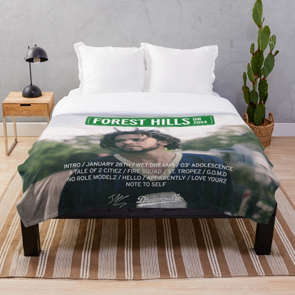 J Cole inspired plush blanket with lyrics and album artwork