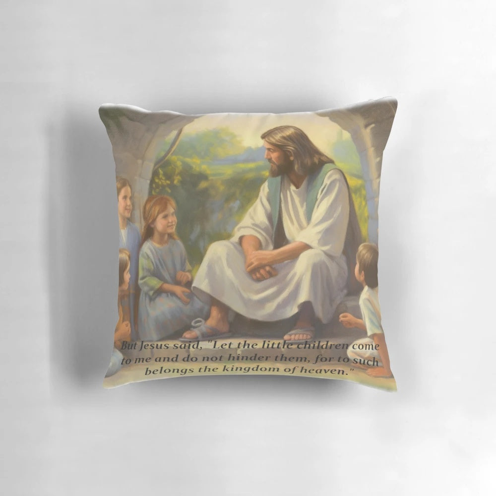 Colorful throw pillow featuring an illustration of Jesus with children, a biblical scene