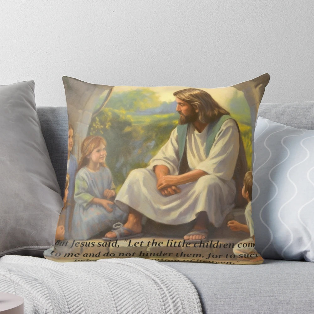 Colorful throw pillow featuring an illustration of Jesus with children, a biblical scene