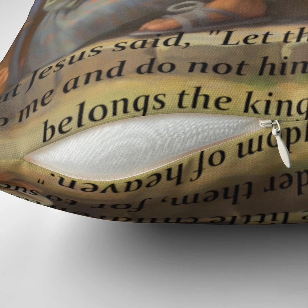 Colorful throw pillow featuring an illustration of Jesus with children, a biblical scene