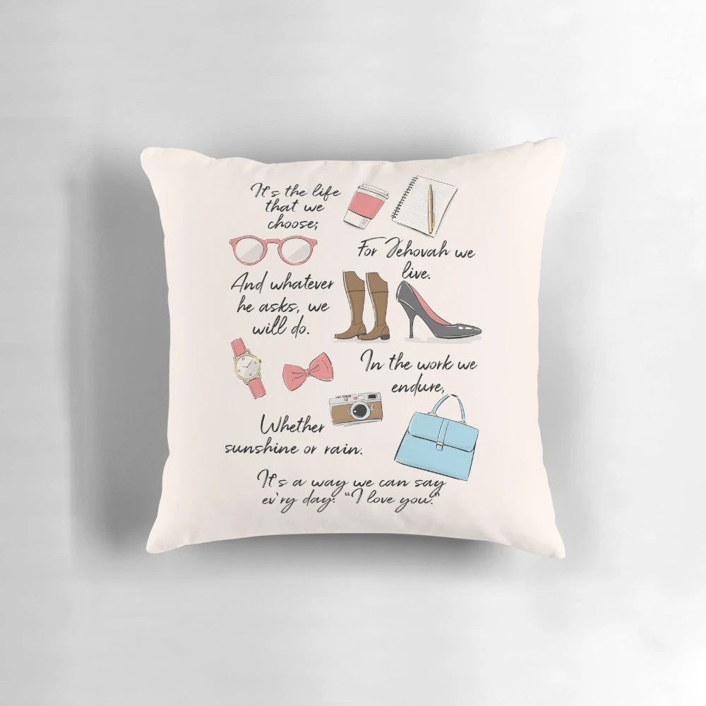 "A cozy pillow featuring an inspirational design for Jehovah's Witnesses, celebrating the life of a pioneer"